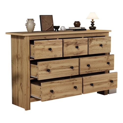 Commode Bois Salon 7 Tiroirs, Meuble De Rangement 152x40x89cm, Panneaux Particules