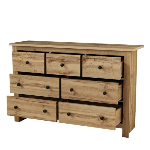 Commode Bois Salon 7 Tiroirs, Meuble De Rangement 152x40x89cm, Panneaux Particules