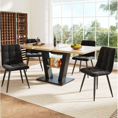Ensemble Table à Manger Extensible Avec 4 Chaises En Velours, Avec Plateau Mdf, Noir Et Naturelle