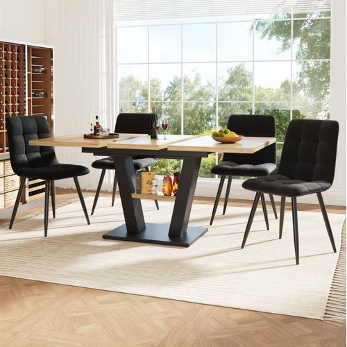 Ensemble Table à Manger Extensible Avec 4 Chaises En Velours, Avec Plateau Mdf, Noir Et Naturelle