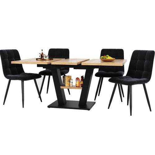 Ensemble Table à Manger Extensible Avec 4 Chaises En Velours, Avec Plateau Mdf, Noir Et Naturelle