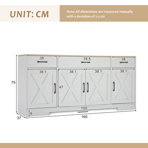 Buffet 160x37x75 Cm Avec 3 Tiroirs, 4 Portes, Plateaux Réglables, En Mdf, Blanc