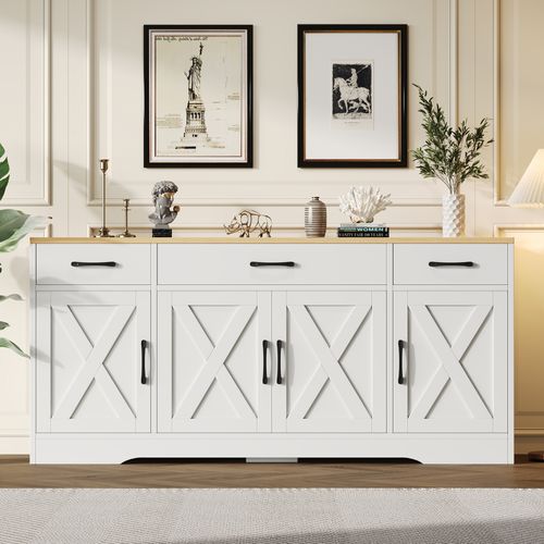 Buffet 160x37x75 Cm Avec 3 Tiroirs, 4 Portes, Plateaux Réglables, En Mdf, Blanc