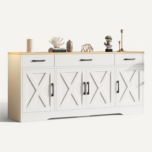Buffet 160x37x75 Cm Avec 3 Tiroirs, 4 Portes, Plateaux Réglables, En Mdf, Blanc