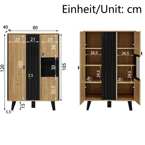 Buffet 80x40x120 Cm Avec Éclairage LED, 2 Portes, Pieds De Support, Chêne Et Noir