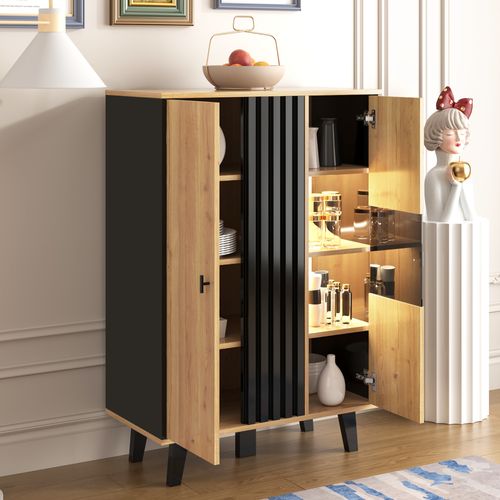 Buffet 80x40x120 Cm Avec Éclairage LED, 2 Portes, Pieds De Support, Chêne Et Noir