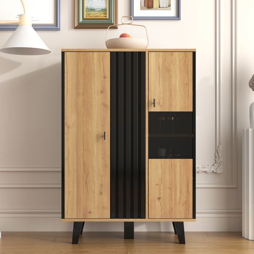 Buffet 80x40x120 Cm Avec Éclairage LED, 2 Portes, Pieds De Support, Chêne Et Noir