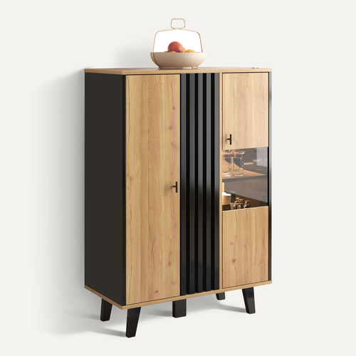 Buffet 80x40x120 Cm Avec Éclairage LED, 2 Portes, Pieds De Support, Chêne Et Noir