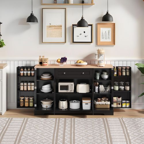 Buffet De Cuisine 138x40x85 Cm Avec 1 Tiroir, 4 Portes, Étagères Réglables, En Mdf, Noir Et Chêne
