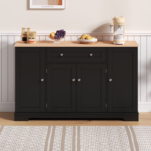 Buffet De Cuisine 138x40x85 Cm Avec 1 Tiroir, 4 Portes, Étagères Réglables, En Mdf, Noir Et Chêne