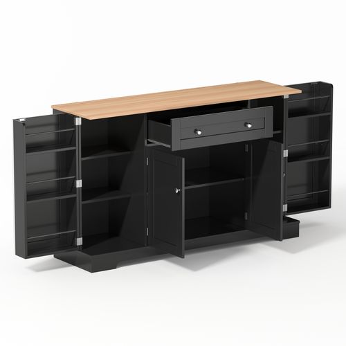 Buffet De Cuisine 138x40x85 Cm Avec 1 Tiroir, 4 Portes, Étagères Réglables, En Mdf, Noir Et Chêne