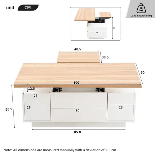 Table Basse Double Plateau Relevable Rangement Caché Panneaux De Particules Blanc