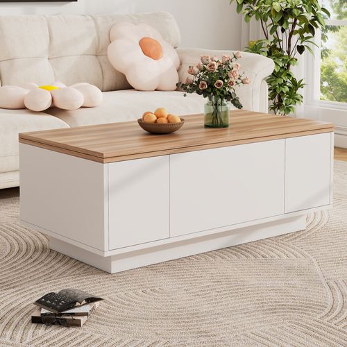 Table Basse Double Plateau Relevable Rangement Caché Panneaux De Particules Blanc