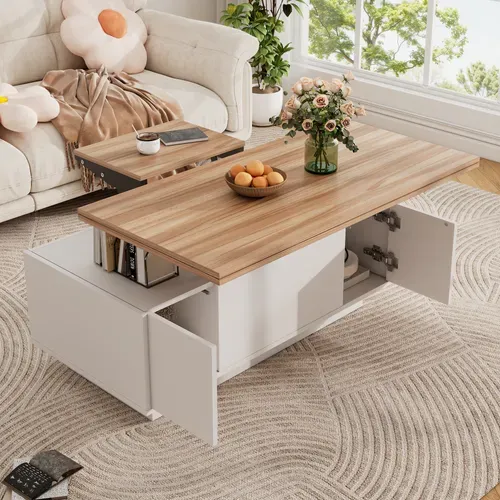 Table Basse Double Plateau Relevable Rangement Caché Panneaux De Particules Blanc