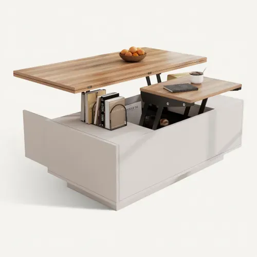 Table Basse Double Plateau Relevable Rangement Caché Panneaux De Particules Blanc
