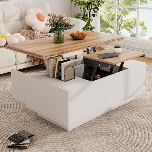 Table Basse Double Plateau Relevable Rangement Caché Panneaux De Particules Blanc