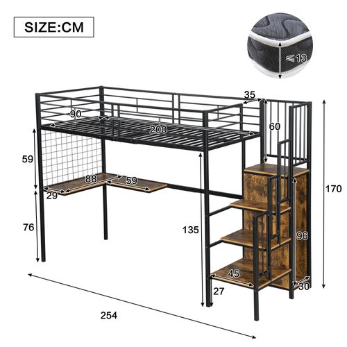 Lit Mezzanine 90x200cm, Avec Table Et Armoire, Échelle Latérale Avec Rambarde, Cadre En Fer, Noir