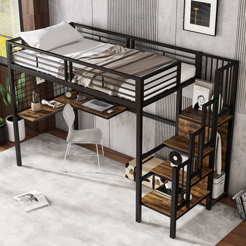 Lit Mezzanine 90x200cm, Avec Table Et Armoire, Échelle Latérale Avec Rambarde, Cadre En Fer, Noir