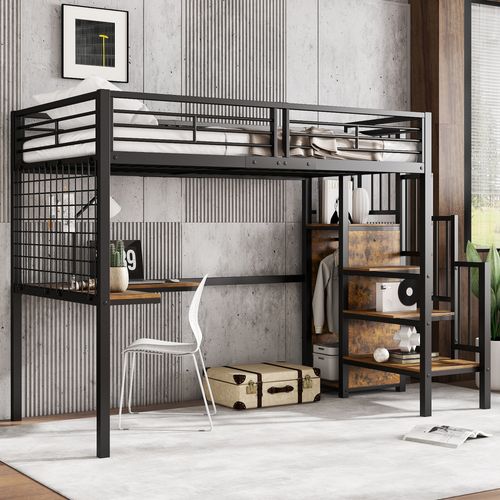 Lit Mezzanine 90x200cm, Avec Table Et Armoire, Échelle Latérale Avec Rambarde, Cadre En Fer, Noir