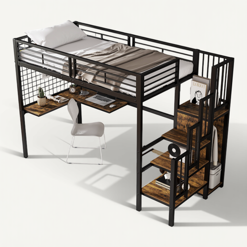 Lit Mezzanine 90x200cm, Avec Table Et Armoire, Échelle Latérale Avec Rambarde, Cadre En Fer, Noir