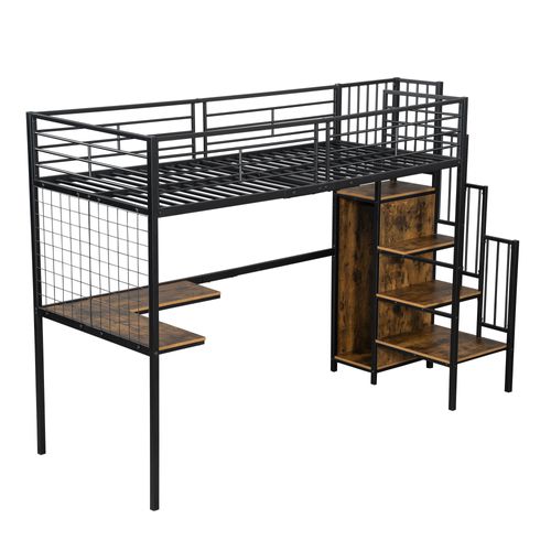 Lit Mezzanine 90x200cm, Avec Table Et Armoire, Échelle Latérale Avec Rambarde, Cadre En Fer, Noir