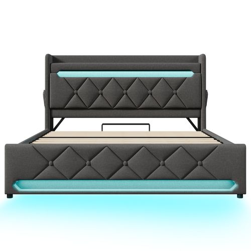 Lit Coffre 180x200 Avec Tête De Lit Rangement USB/type-c + Éclairage LED, Lin Gris