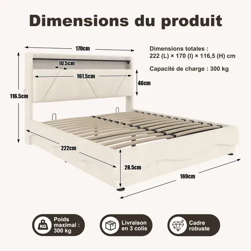 Lit Coffre 160x200 Cm Avec Tête De Lit à Rangement, LED, USB, Sommier, En Velours, Beige