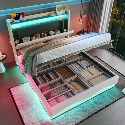 Lit Coffre 160x200 Cm Avec Tête De Lit à Rangement, LED, USB, Sommier, En Velours, Beige