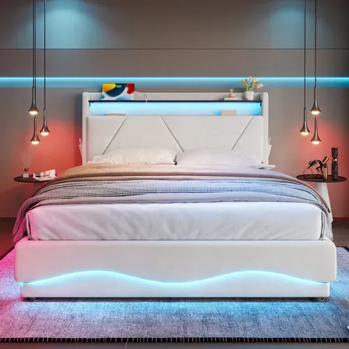 Lit Coffre 160x200 Cm Avec Tête De Lit à Rangement, LED, USB, Sommier, En Velours, Beige