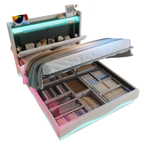 Lit Coffre 160x200 Cm Avec Tête De Lit à Rangement, LED, USB, Sommier, En Velours, Beige