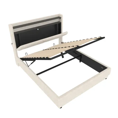 Lit Coffre 160x200 Cm Avec Tête De Lit à Rangement, LED, USB, Sommier, En Velours, Beige