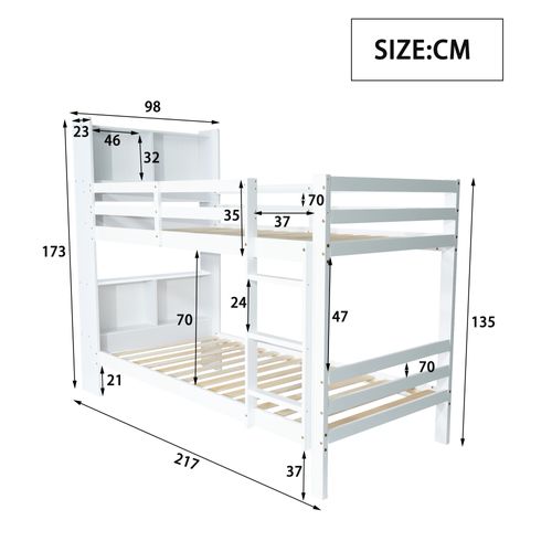 Lit Superposé 90x200cm, Avec étagères De Rangement, Bois Massif Et Mdf, Blanc