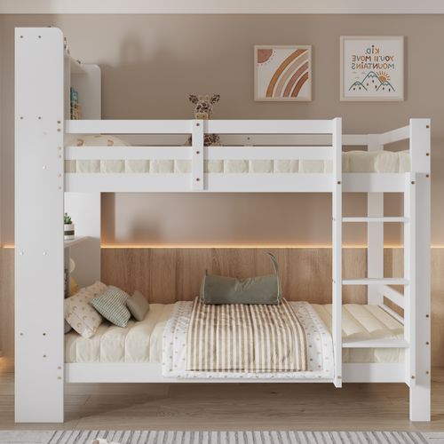 Lit Superposé 90x200cm, Avec étagères De Rangement, Bois Massif Et Mdf, Blanc