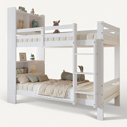 Lit Superposé 90x200cm, Avec étagères De Rangement, Bois Massif Et Mdf, Blanc