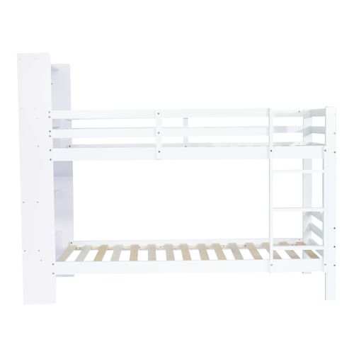 Lit Superposé 90x200cm, Avec étagères De Rangement, Bois Massif Et Mdf, Blanc