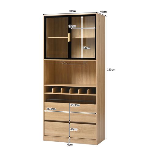 Buffet De Cuisine 80x40x180 Cm Avec 2 Portes En Verre, 2 Tiroirs, LED, Rangement, Mdf, Naturel