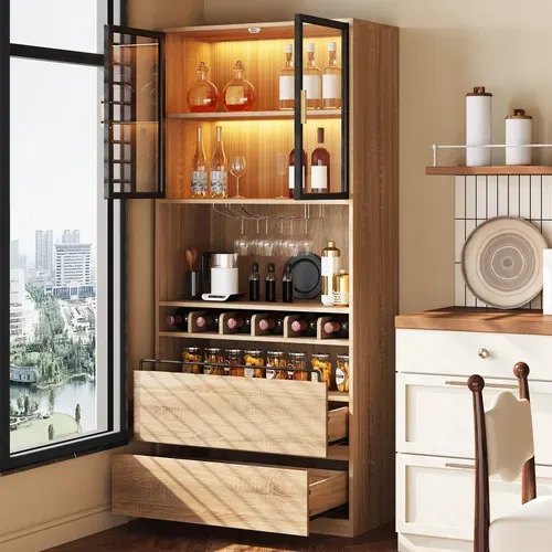 Buffet De Cuisine 80x40x180 Cm Avec 2 Portes En Verre, 2 Tiroirs, LED, Rangement, Mdf, Naturel