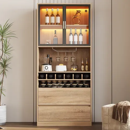 Buffet De Cuisine 80x40x180 Cm Avec 2 Portes En Verre, 2 Tiroirs, LED, Rangement, Mdf, Naturel