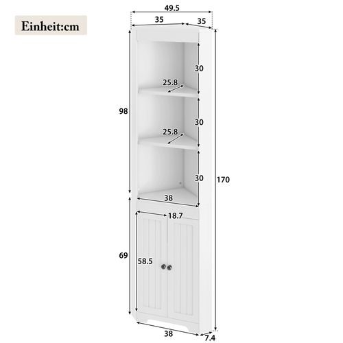 Colonne De Salle De Bain D'angle 49,5x35x170cm, 2 Portes, 2 étagères Ouvertes, En Mdf, Blanc
