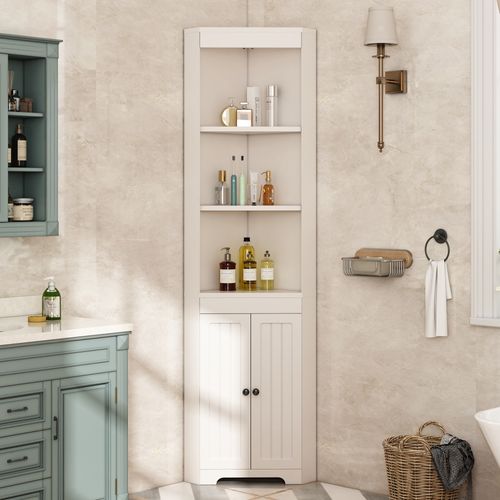Colonne De Salle De Bain D'angle 49,5x35x170cm, 2 Portes, 2 étagères Ouvertes, En Mdf, Blanc
