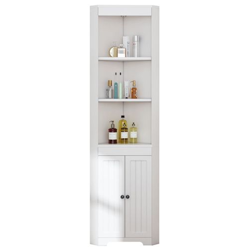 Colonne De Salle De Bain D'angle 49,5x35x170cm, 2 Portes, 2 étagères Ouvertes, En Mdf, Blanc