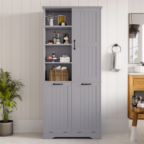 Colonne De Salle De Bain 78x35x172,7cm, 2 Paniers à Linge, 1 Porte, étagères Réglables, Gris