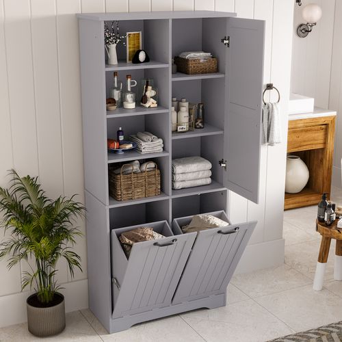 Colonne De Salle De Bain 78x35x172,7cm, 2 Paniers à Linge, 1 Porte, étagères Réglables, Gris