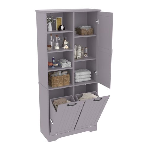 Colonne De Salle De Bain 78x35x172,7cm, 2 Paniers à Linge, 1 Porte, étagères Réglables, Gris