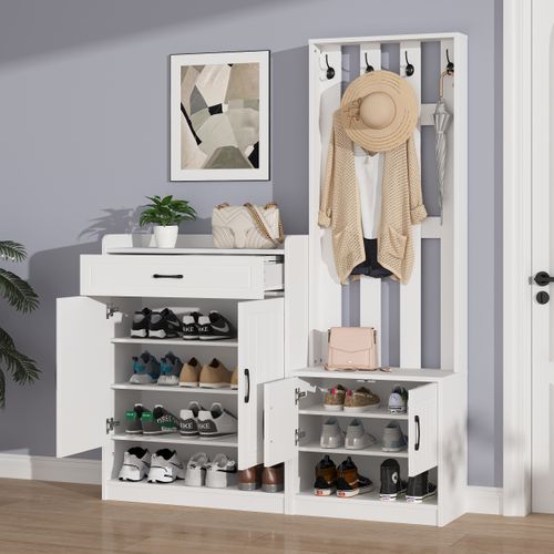 Vestiaire D’entrée Avec 1 Tiroir, 4 Portes, Crochets, Rangements, Finition Mate, Blanc