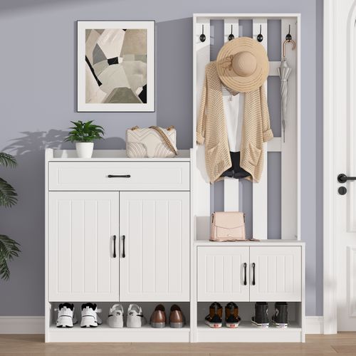 Vestiaire D’entrée Avec 1 Tiroir, 4 Portes, Crochets, Rangements, Finition Mate, Blanc
