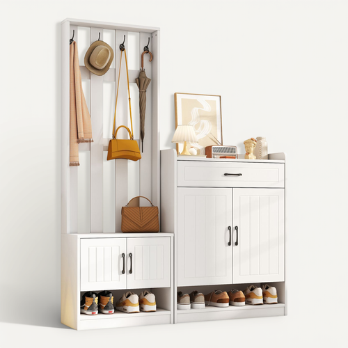 Vestiaire D’entrée Avec 1 Tiroir, 4 Portes, Crochets, Rangements, Finition Mate, Blanc