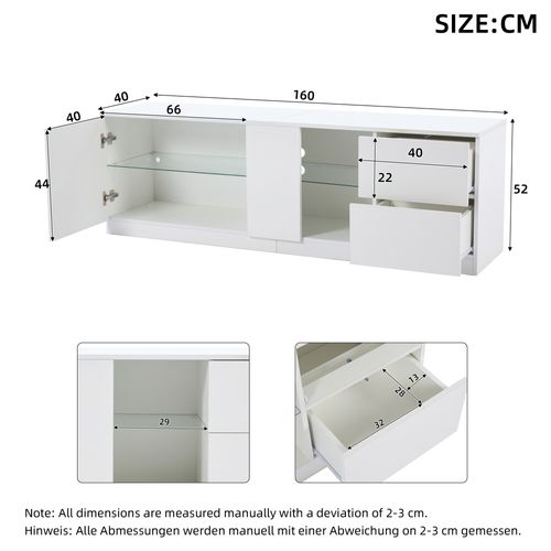 Meuble TV 160cm LED 16 Couleurs 2 Tiroirs Façade Blanc Brillant Mdf