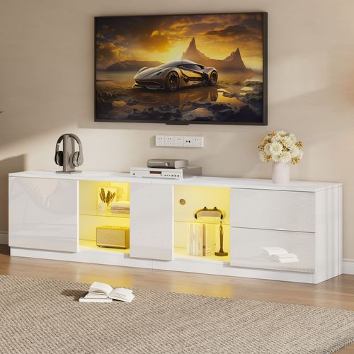 Meuble TV 160cm LED 16 Couleurs 2 Tiroirs Façade Blanc Brillant Mdf