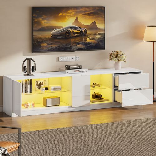 Meuble TV 160cm LED 16 Couleurs 2 Tiroirs Façade Blanc Brillant Mdf